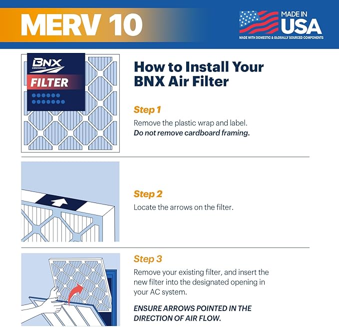 BNX TruFilter 16x20x1 MERV 10 (4-Pack) AC Furnace Air Filter - MADE IN USA - Pleated Air Conditioner HVAC AC Furnace Filters - Removes Odor, Mold, Bacteria, Smoke