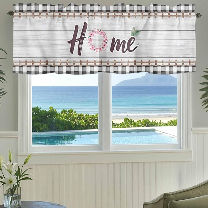 Spring Flowers Curtain Valances for Windows, Kitchen Valance Window Treatment, Farmhouse Watercolor Black Plaid Wood Grain Light Filtering Block Curtains for Bathroom/Bedroom/Living Room 42'' x 12''