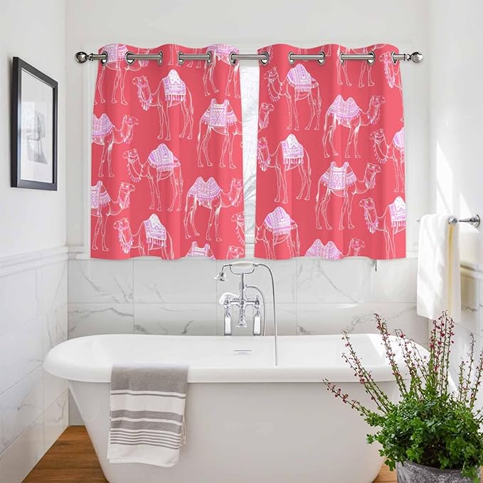 2 Panel Kitchen Cafe Curtains, Desert Camel Sunlight Filtering Nature Air Through, Home Decor Window Covering Tier Curtains for Living Room 104W x 52L inch Summer Sand Camel Animal Vintage Pink