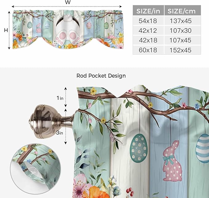 Easter Tie Up Valance Curtains for Windows, Kitchen Curtains Window Shades, Spring Watercolor Bunny Eggs Wood Grain Teal Blue Light Filtering Roman Curtain Valances for Bedroom/Bathroom/Cafe 60"x18"