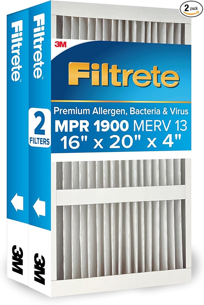 Filtrete 16x20x4 AC Furnace Air Filter, MERV 13, MPR 1900, Premium Allergen, Bacteria & Virus Filter, Electrostatic Air Cleaning Filter, 2-Pack (Actual Size 15.44 x 19.75 x 4.31 in)