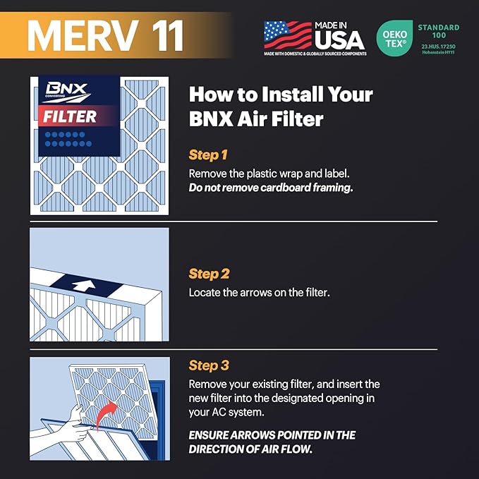 BNX TruFilter 14x24x1 Air Filter MERV 11 (4-Pack) - MADE IN USA - Allergen Defense Electrostatic Pleated Air Conditioner HVAC AC Furnace Filters for Allergies, Dust, Pet, Smoke, Allergy MPR 1200 FPR 7