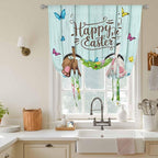 Tie Up Curtains,Happy Easter Bunny Butt Egg Floral Adjustable Rod Pocket Window Shade Curtain Drape Spring Plant on Aqua Wood Tie-Up Valance for Kitchen Bedroom Living Room Windows,42"x63"