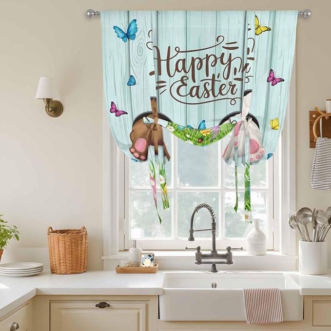 Tie Up Curtains,Happy Easter Bunny Butt Egg Floral Adjustable Rod Pocket Window Shade Curtain Drape Spring Plant on Aqua Wood Tie-Up Valance for Kitchen Bedroom Living Room Windows,52"x45"