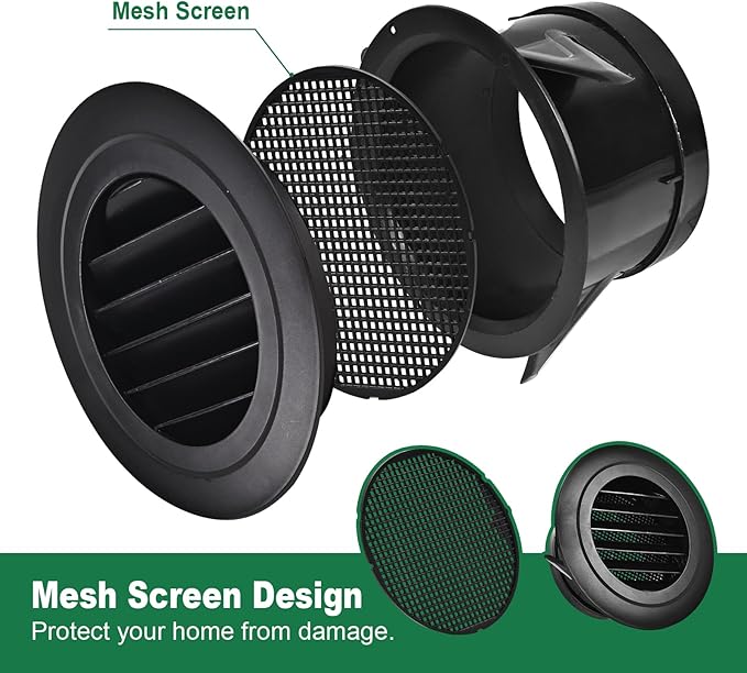 Soffit Vents 4 Inch, Round Exhaust Air Vent Cover with Built-in Fly Screen for Bathroom Kithchen Office Home, Black 2P 100mm