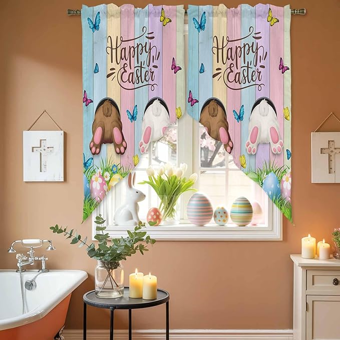 Swag Curtain Valances for Kitchen Windows,Happy Easter Rabbit Butt Egg on Daisy Leaf Short Rod Pocket Window Valance,Bufferfly on Wood Barn Swag Topper for Bedroom Living Room,2 Panels 36x36in