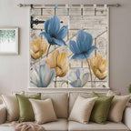 Blue Yellow Tulips Bathroom Curtains 63 Inch Length, Window Curtains Tab Top, Retro Farmhouse Flower Barn Doors Wooden Light Filtering Window Treatments Drapes 52"x63" 2 Panel