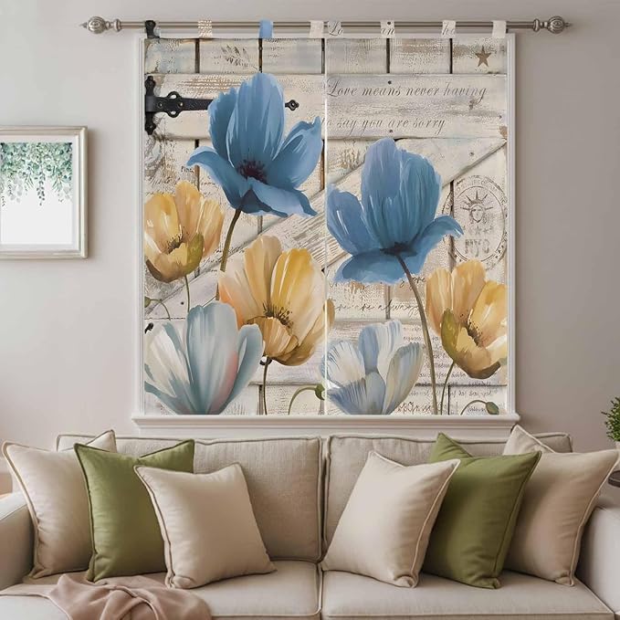 Blue Yellow Tulips Bedroom Curtains 72 Inch Length, Window Curtains Tab Top, Retro Farmhouse Flower Barn Doors Wooden Light Filtering Window Treatments Drapes 52"x72" 2 Panel