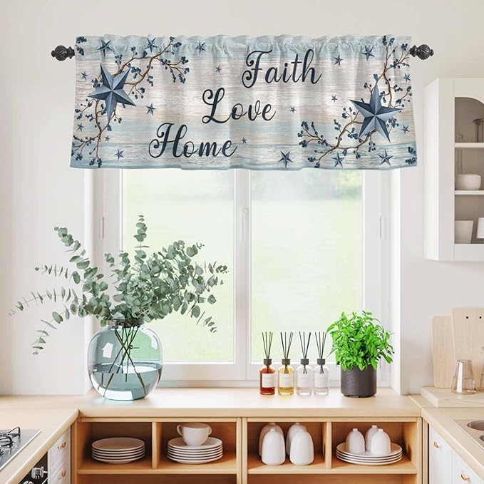 Kitchen Curtains Tiers and Valance Set of 3, Vintage Farmhouse Light Filtering Window Curtain Set, Blue Country Texas Star Vines Wooden Rod Pocket Curtain Drapes for Cafe, Living Room, 24 Inches Tiers