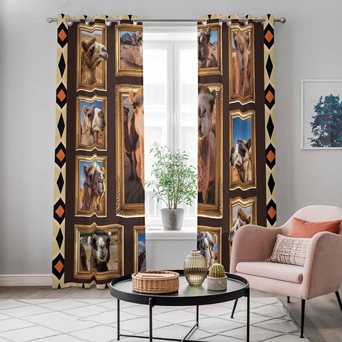 2 Panel Kitchen Cafe Curtains, Wildlife Camels Sunlight Filtering Nature Air Through, Home Decor Window Covering Tier Curtains for Living Room 80W x 84L inch Deserts Animals Brown Geometric Rustic