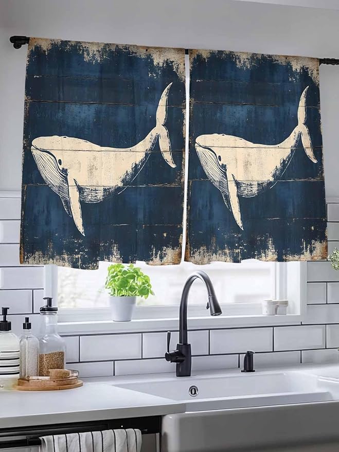 Sheer Curtains 45 Inch Length, Ocean Whale Blue Semi Sheer Curtains Light Filtering Window Treatment, Summer Coastal Vintage Wood Grain Privacy Voile Drapes for Living Room Bedroom 52x45 Inch