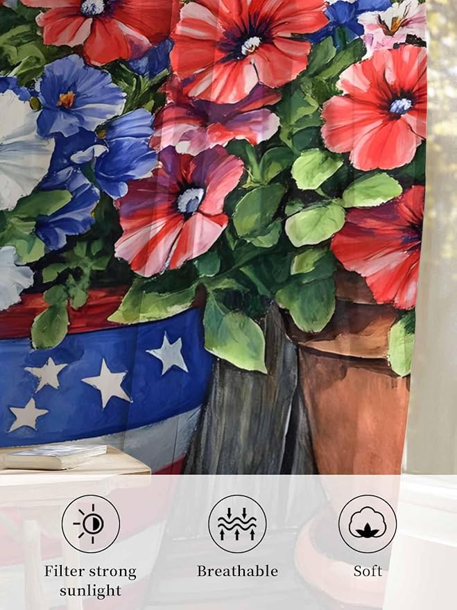 Sheer Curtains 54 Inch Length, Red Blue Flower Semi Sheer Curtains Light Filtering Window Treatment, Retro Independence Day Flag Wood Grain Privacy Voile Drapes for Living Room Bedroom 52x54 Inch