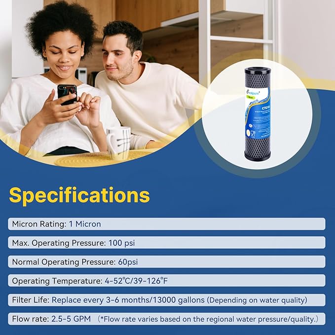 EXCELPURE 1 Micron 10" x 2.5" Whole House CTO Carbon Water Filter Cartridge Replacement for Home Countertop System, Dupont WFPFC8002, WFPFC9001, FXWTC, SCWH-5, WHEF-WHWC, WHCF-WHWC, CTO10, T01, 2PACK