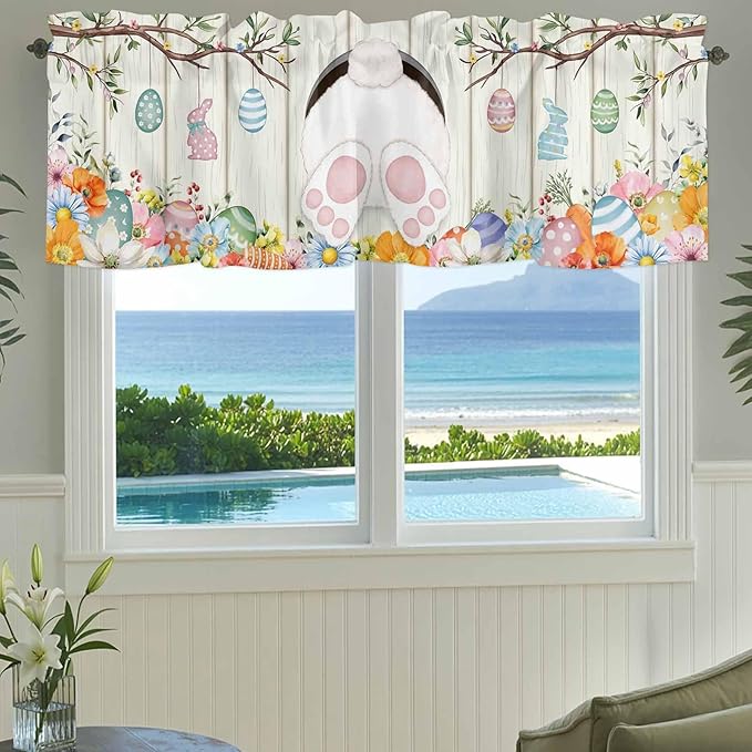Easter Curtain Valances for Windows, Kitchen Valance Window Treatment, Spring Farmhouse Watercolor Bunny Eggs Wood Grain Light Filtering Block Curtains for Bathroom/Bedroom/Living Room 42'' x 12''