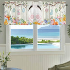 Easter Curtain Valances for Windows, Kitchen Valance Window Treatment, Spring Farmhouse Watercolor Bunny Eggs Wood Grain Light Filtering Block Curtains for Bathroom/Bedroom/Living Room 42'' x 12''