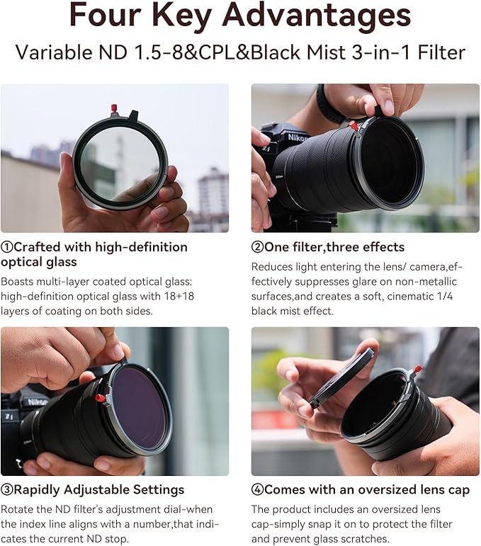 Kase 67mm Variable ND1.5-8 & CPL & Black Mist 3 in 1 Filter with 36 Multi-Coatings, Essential for Landscape & Vlog, Compatible with Canon Sony Nikon