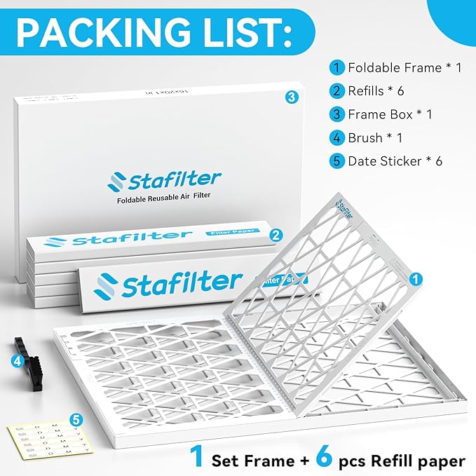 Reusable 14x25x1 Air Filter (MERV 8), 1 Foldable Frame + 6 Refills (Not Individual Filters), Greener HVAC AC Furnace Air Filters MPR 700&FPR 5(Actual Size:13.75"x24.75"x0.75")