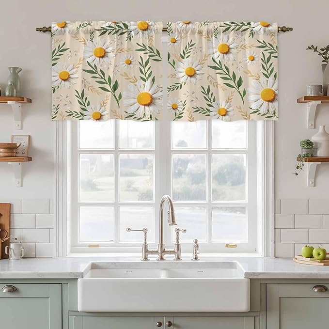 Spring Daisy Tier Curtains, Country Watercolor Flower Leaf Plant Light Filtering Kitchen Curtains, 2Pcs Rod Pocket Half Window Treatments Panels for Sink Cafe Cabinet Camper 27.5x36 Inches