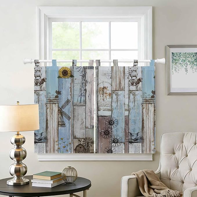 Blue Grey Wooden Kitchen Curtains 45 Inch Length, Short Cafe Window Curtains Tab Top, Farmhouse Barn Sunflowers Retro Light Filtering Window Treatments Tier Drapes 27.5"x45" 2 Panel