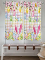 Happy Easter Bedroom Curtains 63 Inches length, Spring Bunny Colorful Eggs Flower Plaid Window Treatment Curtain Drapes, Rod Pocket Curtain Panels for Living Room Kitchen, 42"x63", 2 Panels