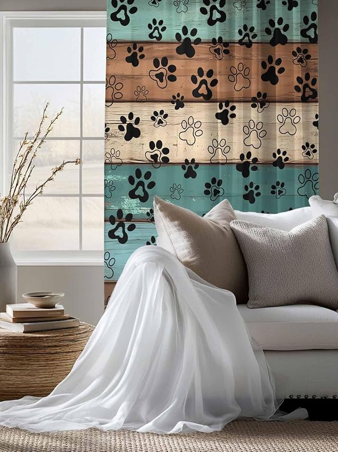 Sheer Curtains 72 Inches Long, Green Brown Paw Print Semi Sheer Curtains Light Filtering Window Treatment, Vintage Farmhouse Country Wooden Grain Privacy Voile Drapes for Living Room 52x72 Inch