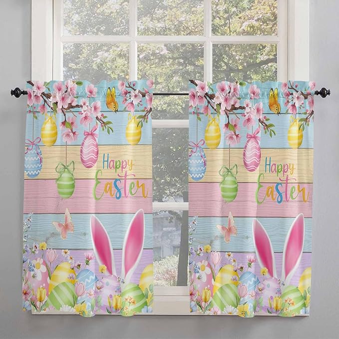 Colorful Easter Kitchen Curtains 54 Inches length, Spring Watercolor Bunny Egg Flower Wood Grain Window Treatment Curtain Drapes, Thermal Insulated Drapes for Basement Hotel RV, 42"x54", 2 Panels
