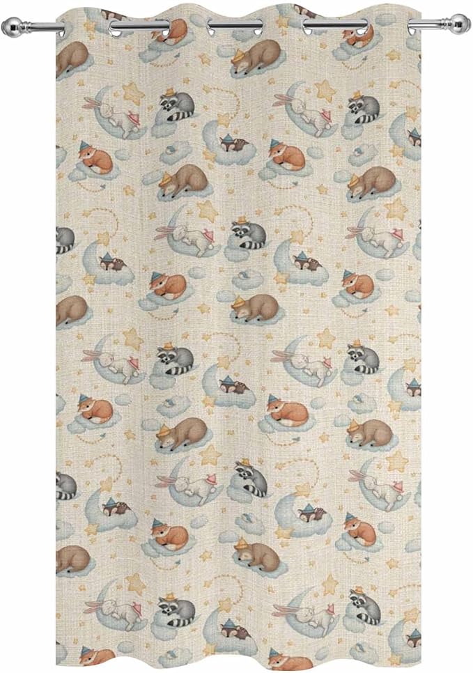 Cartoon Animals Outdoor Curtains for Patio Raccoons Rabbits Moon Linen Texture Waterproof Outside Curtains with Grommet Top Weatherproof Curtain for Cabana Pergola Gazebo, 1 Panel, 54" W x 108" L
