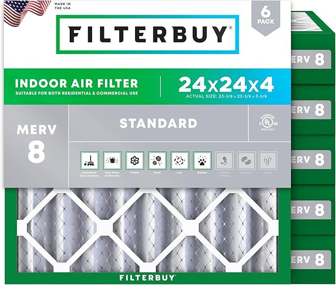 Filterbuy 24x24x4 Air Filter MERV 8 Essential Dust & Allergy Defense (6-Pack), Electrostatic Pleated HVAC AC Furnace Filters Replacement, Made in USA (Actual Size: 23.38 x 23.38 x 3.63)