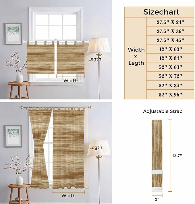 Light Brown Wood Grain Living Room Curtains 84 Inch Length, Window Curtains Tab Top, Western Farmhouse Barn Door Light Filtering Window Treatments Drapes 52"x84" 2 Panel