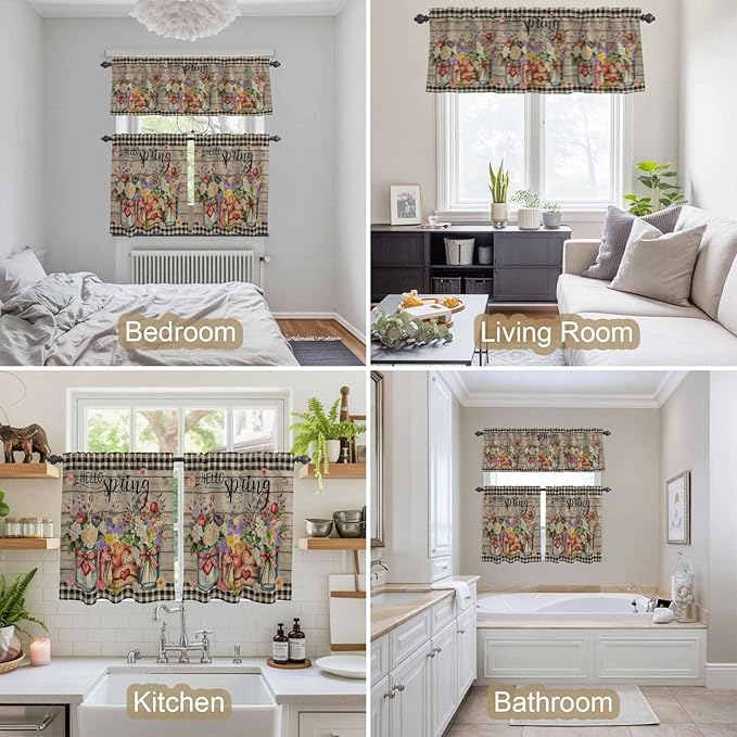 Spring Flowers Kitchen Curtains Set 3 Piece for Windows, Rod Pocket Valance and Tier Set 24 Inch Length, Farmhouse Vintage Black Plaid Wood Grain Light Filtering Cafe Curtains for Living Room Bathroom