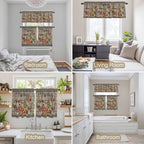 Kitchen Curtains Tiers and Valance Set of 3, Spring Flowers Light Filtering Window Curtain Set, Farmhouse Vintage Black Plaid Wood Grain Rod Pocket Curtain Drapes for Living Room, 24 Inches Tiers