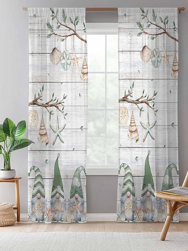 Sheer Curtains 96 Inches Long, Sage Green Gnomes Semi Sheer Curtains Light Filtering Window Treatment, Eucalypus Coastal Anchor Retro Wood Privacy Voile Drapes for Living Room Bedroom 52x96 Inch