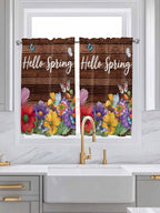 Spring Flowers Tier Curtains 45 Inches Long, Watercolor Farmhouse Colorful Wooden Grain Window Treatment Curtain Drapes, Small Curtain Drapes for Bathroom Laundry Room, 27.5"x45", 2 Panels