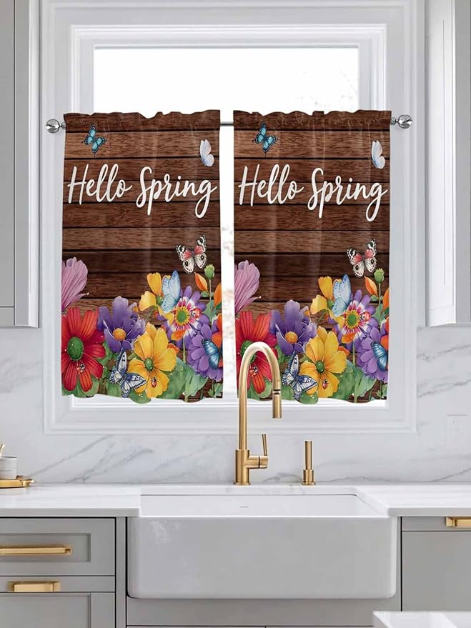 Spring Flowers Kitchen Curtains 54 Inches Length, Watercolor Farmhouse Colorful Wooden Grain Window Treatment Curtain Drapes, Decorative Window Curtains for Bedroom Cafe, 52"x54", 2 Panels