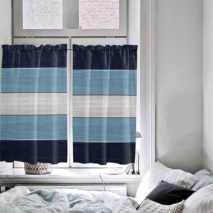 Vintage Country Woodcuts Window Valance Curtains, Blue Gradient Striped Light Filtering Kitchen Valance with 3-inch Rod Pocket for Living Room Bathroom Bedroom,2 Panel,52x45In