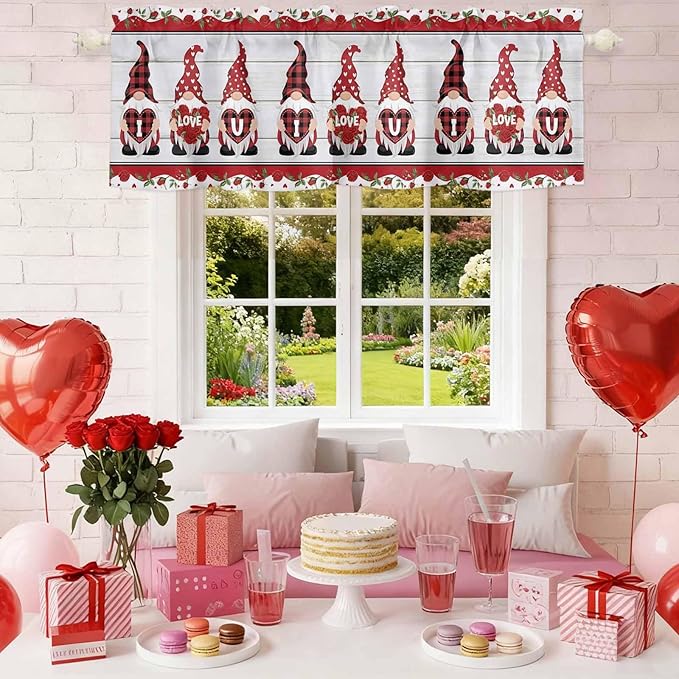 I Love U Valance Curtains for Kitchen, Valentine's Day Dwarf Romantic Wood Grain Privacy Rod Pocket Valance Curtain, Light-Filtering Window Treatment for Bedroom Bathroom, 60"x14"