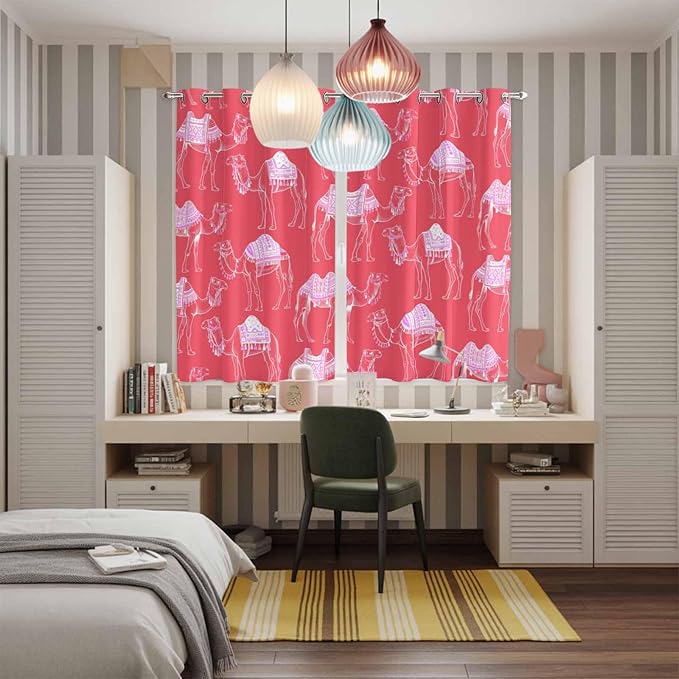 2 Panel Kitchen Cafe Curtains, Desert Camel Sunlight Filtering Nature Air Through, Home Decor Window Covering Tier Curtains for Living Room 104W x 84L inch Summer Sand Camel Animal Vintage Pink