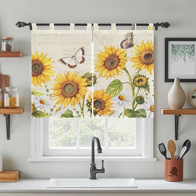 Farm Sunflowers Bedroom Curtains 63 Inch Length, Window Curtains Tab Top, Retro Flowers Butterfly Botanical Beige Light Filtering Window Treatments Drapes 42"x63" 2 Panel