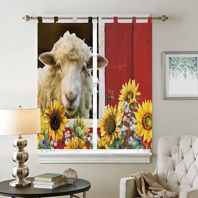 Sheep Flowers Bathroom Curtains 63 Inch Length, Window Curtains Tab Top, Country Red Barn Botanical Sunflowers Light Filtering Window Treatments Drapes 52"x63" 2 Panel