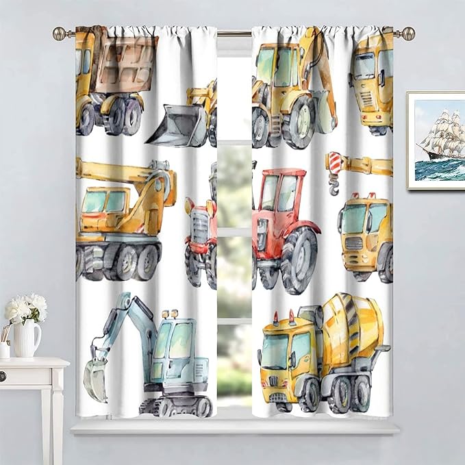 Kids Excavator Curtains, Retro Truck Tractor Machinery Construction Vehicle Crane Digger Mixer Rod Pocket Decorative Windows Curtain for Teens Girls Boys Room 63x72in (30% Blackout)