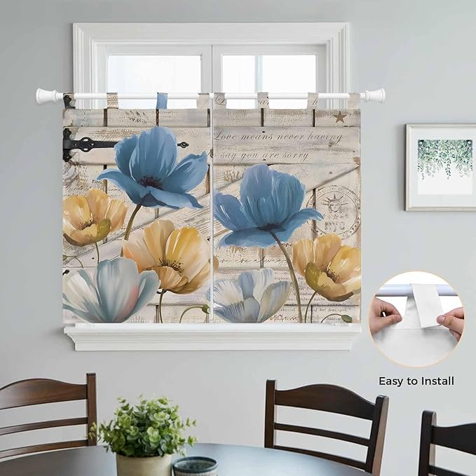 Blue Yellow Tulips Kitchen Curtains 45 Inch Length, Short Cafe Window Curtains Tab Top, Retro Farmhouse Flower Barn Doors Wooden Light Filtering Window Treatments Tier Drapes 27.5"x45" 2 Panel