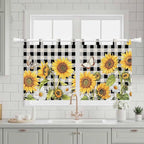 Sunflowers Kitchen Curtains 24 Inch Length, Small Window Curtains Tab Top, Yellow Flowers Butterfly Farmhouse Black Plaid Light Filtering Short Window Treatments Tier Drapes 27.5"x24" 2 Panel