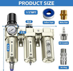 1/2" NPT 3 Stage Air Drying System,Heavy Duty Industrial Grade Air Compressor Water Separator System,Filter Oil Water Separator Dryer for Plasma Cutter and Paint Spray,0-240 PSI,Auto Drain