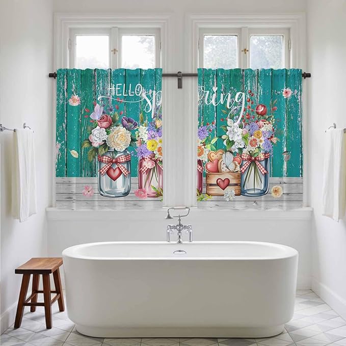 Spring Flowers Tier Curtains, Farmhouse Watercolor Teal Wood Grain Light Filtering Kitchen Curtains, 2Pcs Rod Pocket Half Window Treatments Panels for Sink Cafe Cabinet Basement 27.5x45 Inches
