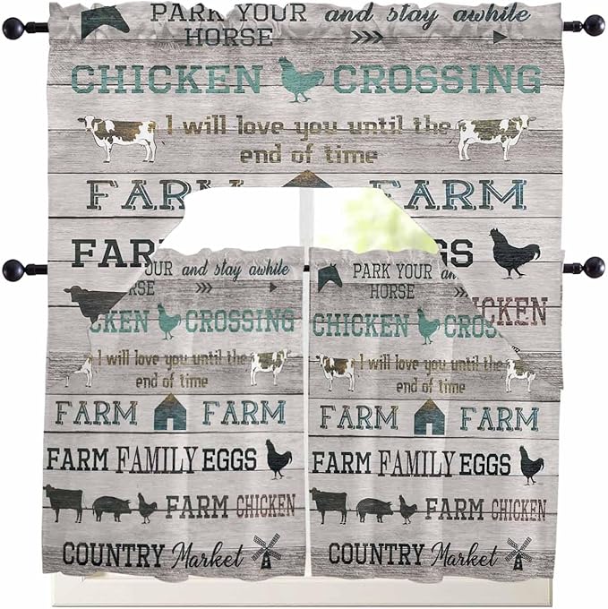 Farmhouse Swag Kitchen Curtains Valance and Tier Set, Green Black Barn Cow Pig Chicken Brown Wood Grain Light-Filtering Swag Valance 24 Inch Length, Rod Pocket Short Curtain for Bedroom Cafe