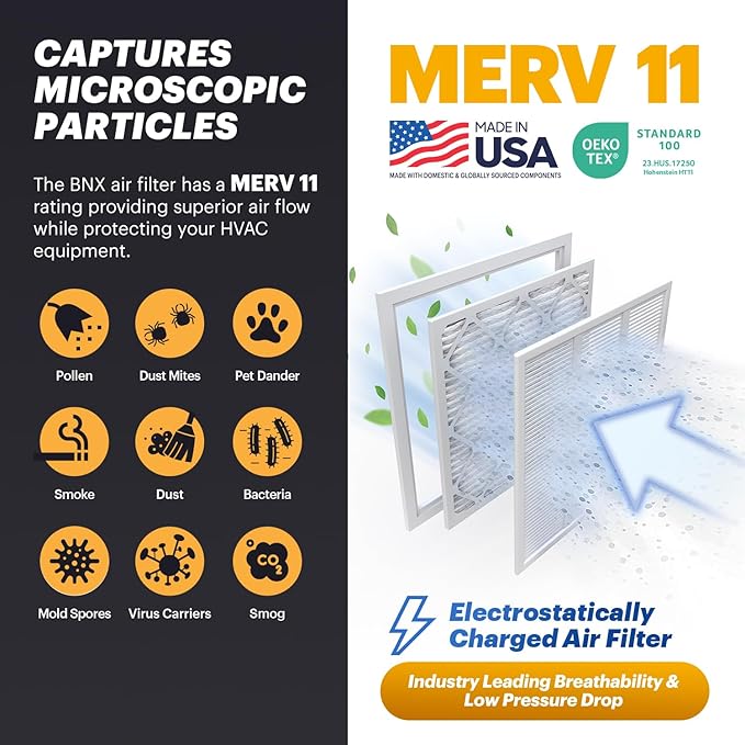 BNX TruFilter 14x24x1 Air Filter MERV 11 (6-Pack) - MADE IN USA - Allergen Defense Electrostatic Pleated Air Conditioner HVAC AC Furnace Filters for Allergies, Dust, Pet, Smoke, Allergy MPR 1200 FPR 7