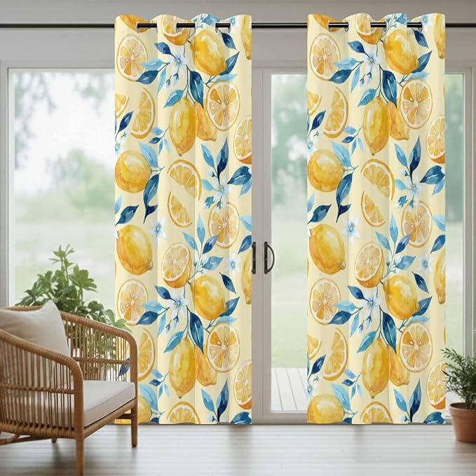 Lemon Outdoor Curtains for Patio Lemon Leaves Summer Plants Begin Waterproof Outside Curtains with Grommet Top Weatherproof Curtain for Cabana Pergola Gazebo, 2 Pack, 54" W x 95" L