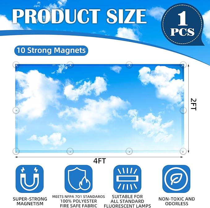 Fluorescent Light Covers - Classroom Covers for Ceiling Lights, 1 PCS 4 x 2 Feet Magnetic Light Filters, Classroom, Office Decor (Blue Skies & White Clouds)