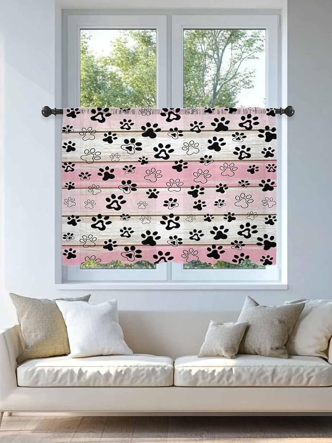 Sheer Curtains 54 Inch Length, Pink Beige Paw Print Semi Sheer Curtains Light Filtering Window Treatment, Vintage Farmhouse Country Wooden Grain Privacy Voile Drapes for Living Room Bedroom 52x54 Inch