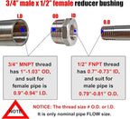 2 Pcs Reducer Hex Bushing, 304 Stainless Steel 3/4" Male NPT to 1/2" Female NPT（ 3/4"MNPT - 1/2"FNPT） Pipe Fitting Hex Bushing, Heavy Duty Pipe Fitting Reducer Adapter